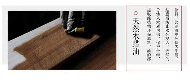 A warm brown solid wood plank being treated with natural wax for a bohemian style wall hanging vase decoration
