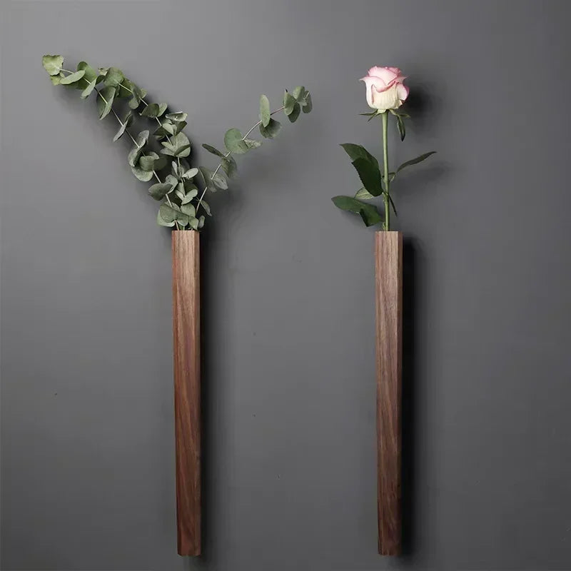 Two sleek dark wood wall hanging vases with minimalist design for home porch living room bohemian decoration