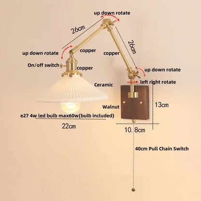 Adjustable copper wall sconce with ribbed ceramic shade and walnut mounting plate for decorbites cube glass led lighting