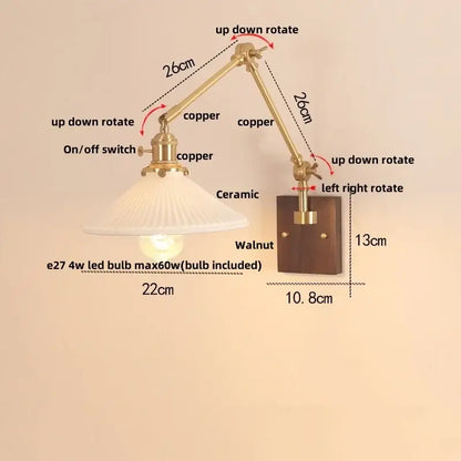 Adjustable copper wall sconce with ribbed ceramic shade and walnut mounting plate for decorbites cube glass led lighting