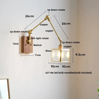 Adjustable copper wall sconce with walnut base and textured glass shade for decorbites cube glass led bedroom mirror light