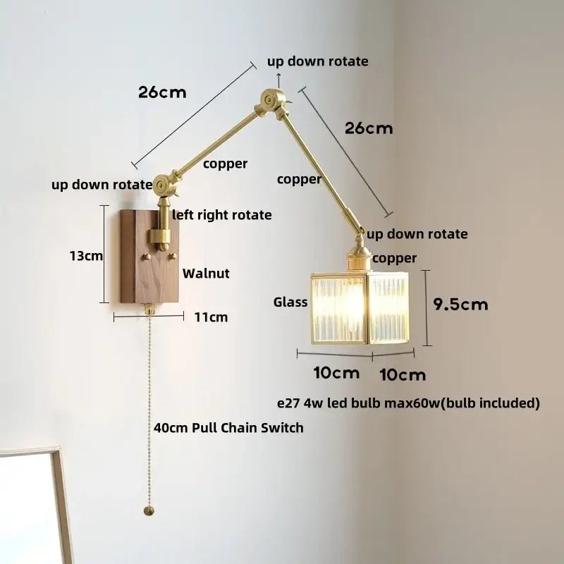 Adjustable copper wall sconce with walnut base and ribbed glass shade for decorbites cube glass led bedroom mirror light