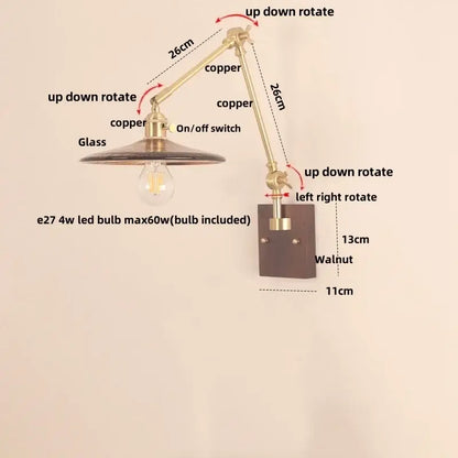 Adjustable copper wall sconce with glass shade and walnut base for decorbites cube glass led bedroom mirror light