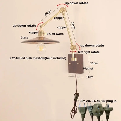 Adjustable copper-arm wall sconce with glass shade and walnut base for bedroom mirror light decorbites cube glass led design