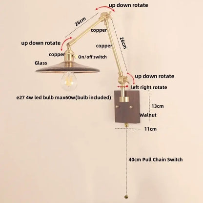 Adjustable copper arm wall sconce with glass shade and walnut base for decorbites cube glass led bedroom light