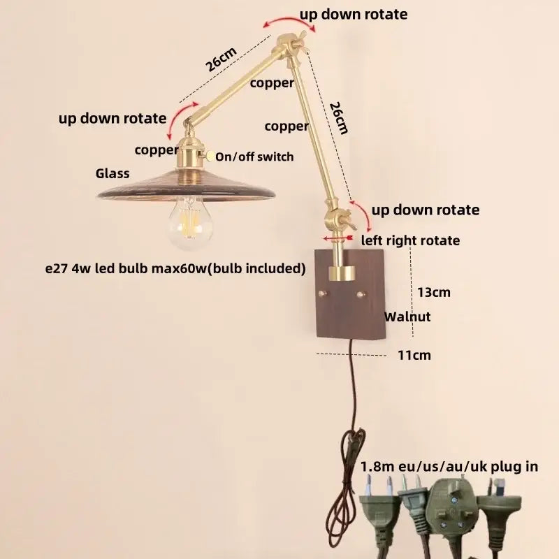 Adjustable copper-arm wall sconce with glass shade and walnut base for decorbites cube glass led bedroom mirror light