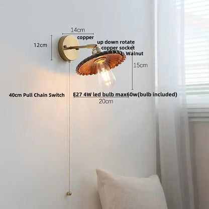 Walnut and brass wall sconce with pull chain switch featuring a copper body, walnut shade, and e27 4w led bulb for bedroom light
