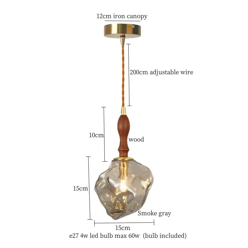 Smoke gray glass pendant light with wooden handle and brass accents for kitchen dining room decorbites cracked glass led