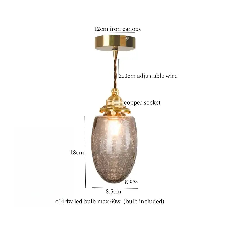 Vintage-style warm brass cracked glass led pendant light with amber textured shade for kitchen dining room decorbites