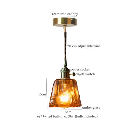 Amber glass pendant light with brass iron canopy copper socket and adjustable wire for kitchen dining room decorbites cracked glass led