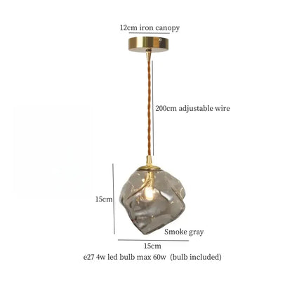 Smoke gray glass pendant light with brass iron canopy and adjustable wire ideal for decorbites cracked glass led decor