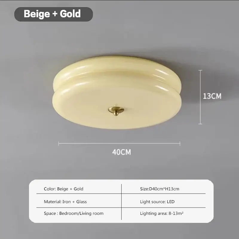 Beige and gold round ceiling light with double layer glass led diffuser and iron frame for bedroom use