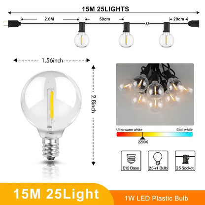 Clear glass decorbites g40 led shatterproof globe string light bulb with yellow filament and e12 base for patio decor