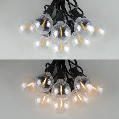 Clear glass warm g40 led shatterproof globe string lights with black wiring and illuminated led filaments for patio decorbites decor