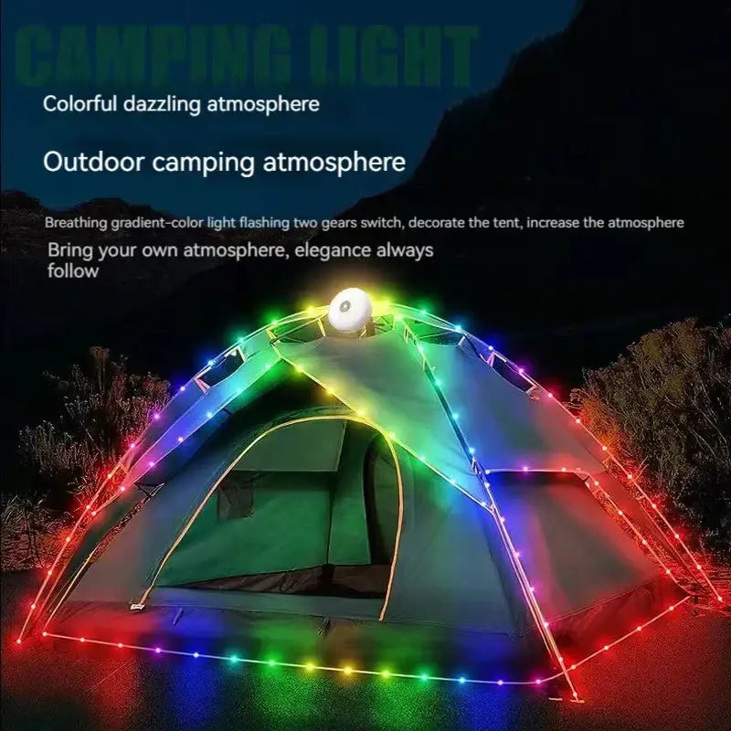 A vibrant multi-colored decorbites 10m waterproof led light strip with gradient flashing mode wrapped on a tent frame