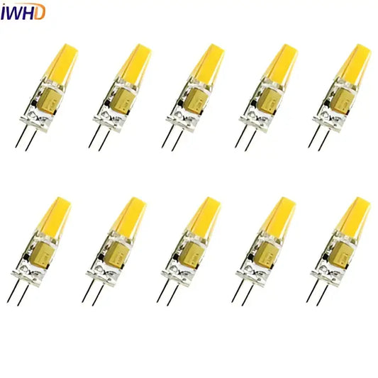 Warm white cob g4 led bulb 10-pack featuring yellow led bulbs with clear glass casing and metallic base for chandelier use
