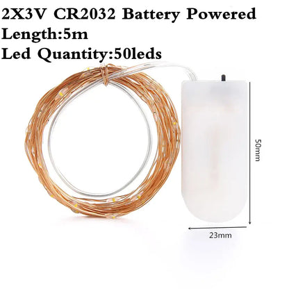 Warm white 5 meter copper wire led string lights with 50 lights and white battery pack for bedroom decoration