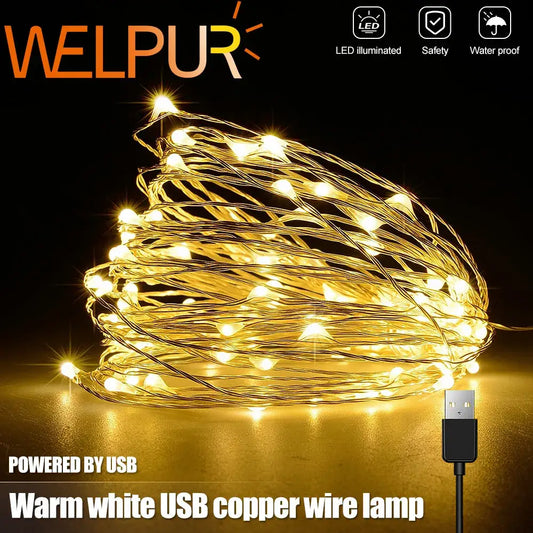 Warm white copper wire led string lights powered by usb perfect for bedroom decoration and ambient lighting
