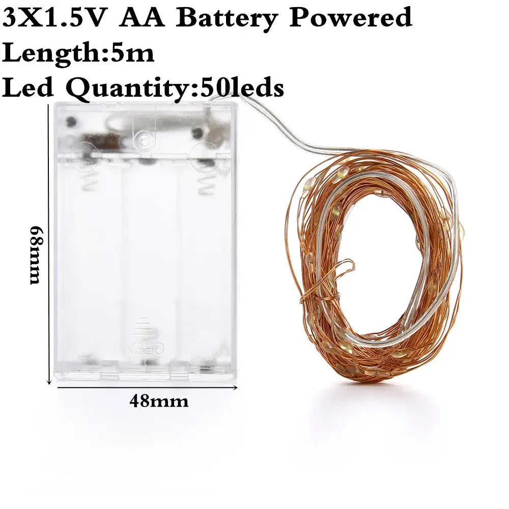 Clear plastic battery pack with copper wire and 50 warm white led string lights for bedroom decoration usb powered