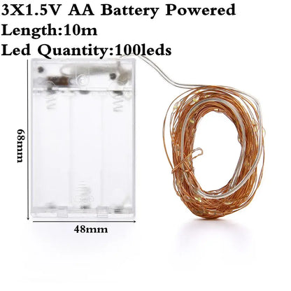 Clear plastic battery pack with three aa batteries and coiled warm white copper wire led string lights for bedroom decoration