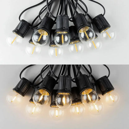 Black plastic bulb holders with clear g40 e27 warm white led globe bulbs featuring e27 1w warm filaments