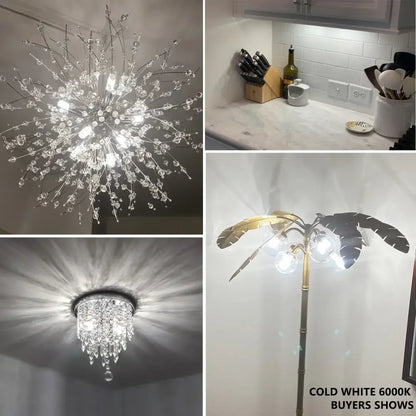 The image shows four lighting fixtures including a warm white g9 led corn bulb kitchen chandelier light with crystal and glass elements