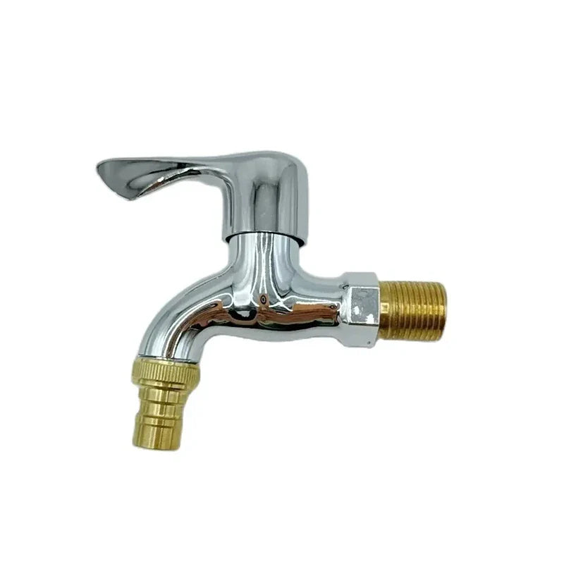 Chrome-finished washer faucet with brass connectors and curved spout for cold water outdoor use as bidet tap water tap
