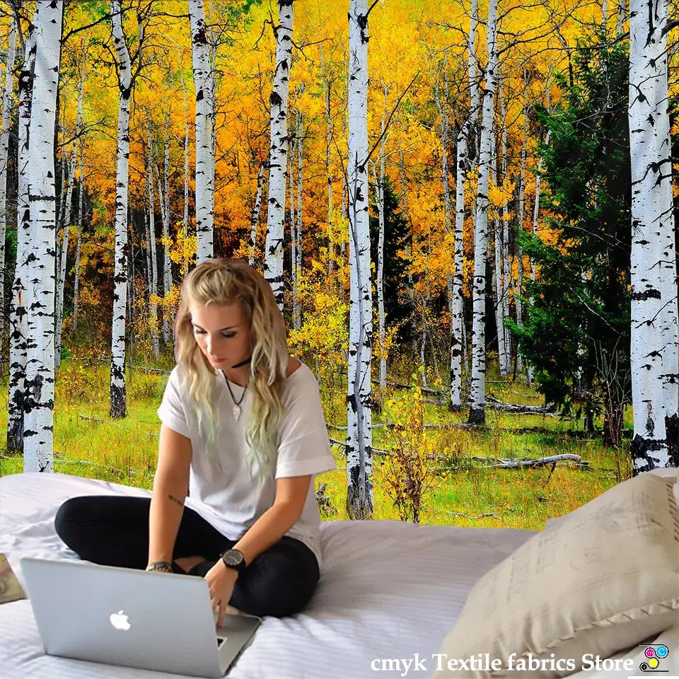 Silver apple laptop displaying decorbites birch forest starry sky tapestry for bedroom wall decor
