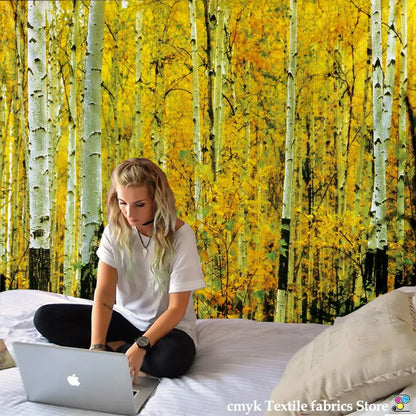 Silver apple laptop on decorbites birch forest starry sky wall tapestry showcasing bedroom art decorbites birch forest