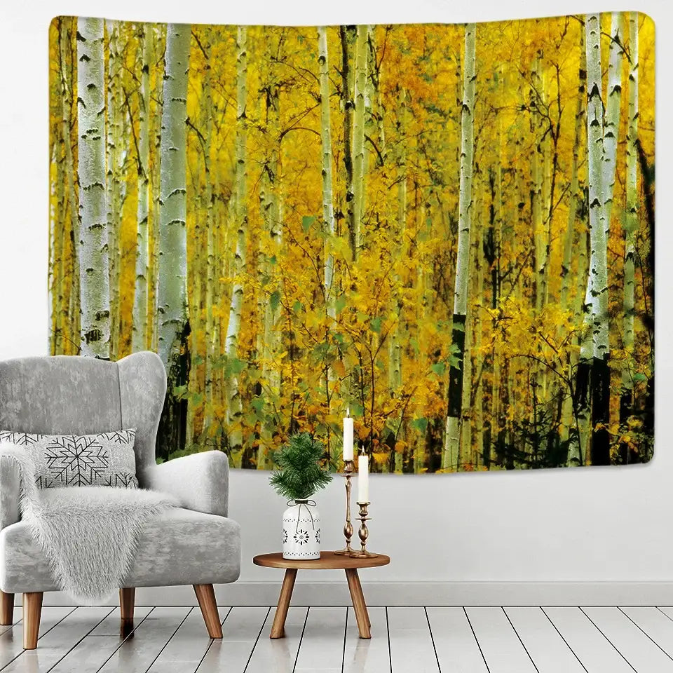 Vibrant yellow and white birch forest starry sky wall tapestry for bedroom decor by decorbites birch forest collection