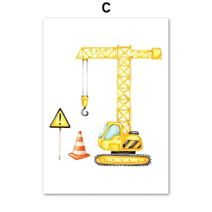 Yellow watercolor construction crane and excavator canvas print for nursery decorbites adventures motion canvas print