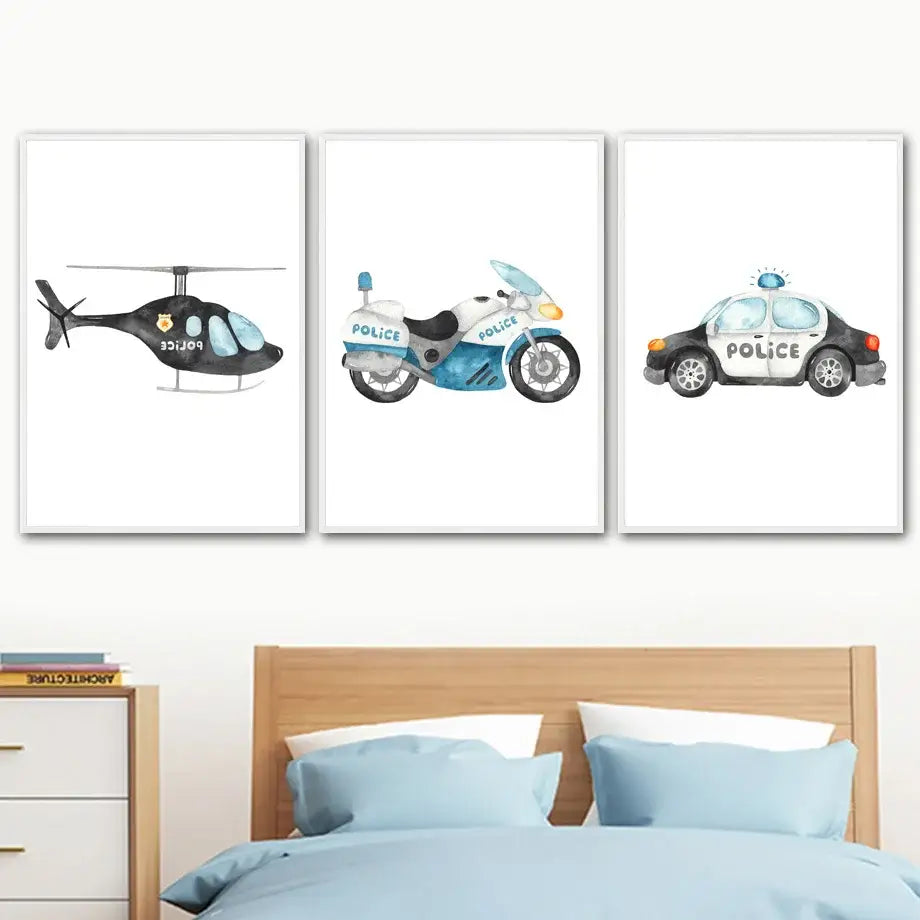 Set of three watercolor motion canvas prints featuring black helicopter blue motorcycle and white police car nursery decorbites adventures canvas print
