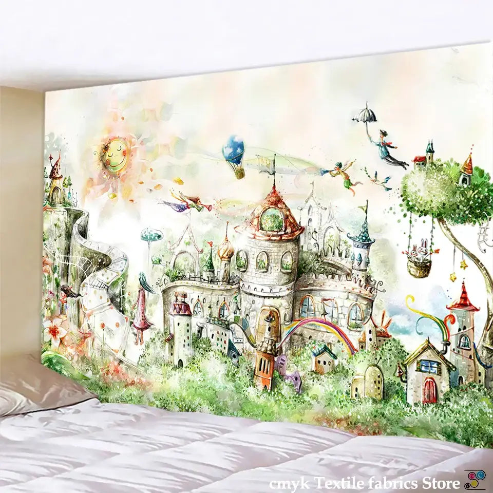 A whimsical watercolor fantasy castle printed mandala wall hanging in pastel greens pinks and yellows for bedroom decorbites 3d printed decor