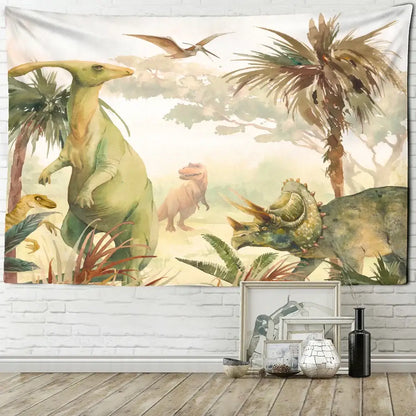 Soft watercolor style green and pink dinosaur tapestry wall hanging decorbites dinosaur tapestry for boy room decor