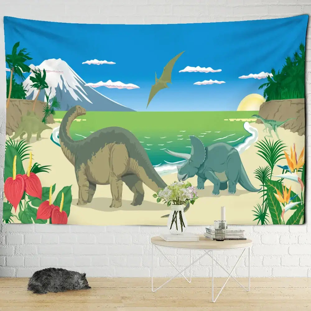 Watercolor green and pink dinosaur tapestry wall hanging featuring triceratops and brachiosaurus beach decor for boy room decorbites dinosaur tapestry wall