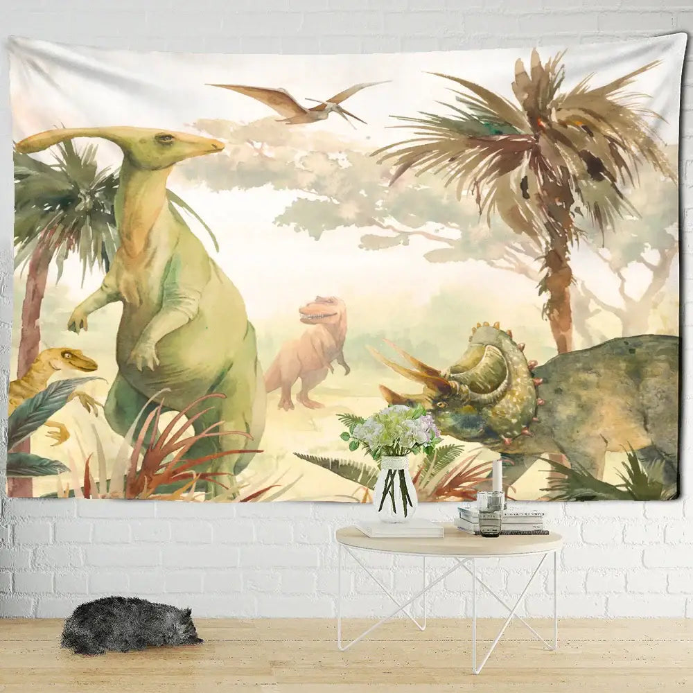 Soft watercolor green and pink dinosaur tapestry wall hanging featuring parasaurolophus for boy room decorbites dinosaur tapestry