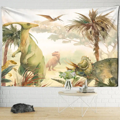 Soft watercolor green and pink dinosaur tapestry wall hanging featuring parasaurolophus for boy room decorbites dinosaur tapestry