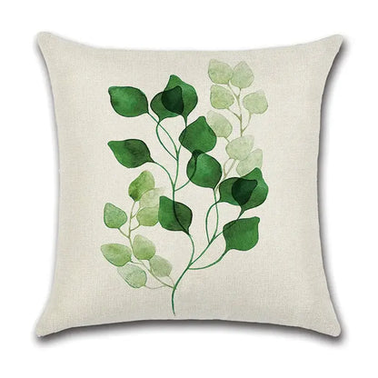 Beige linen pillow case featuring a watercolor green leaves decorative design for living room cotton set
