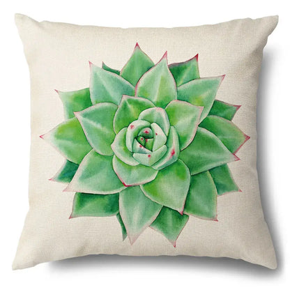 Beige linen pillow case with green leaves decorative watercolor-style succulent design for living room cotton use