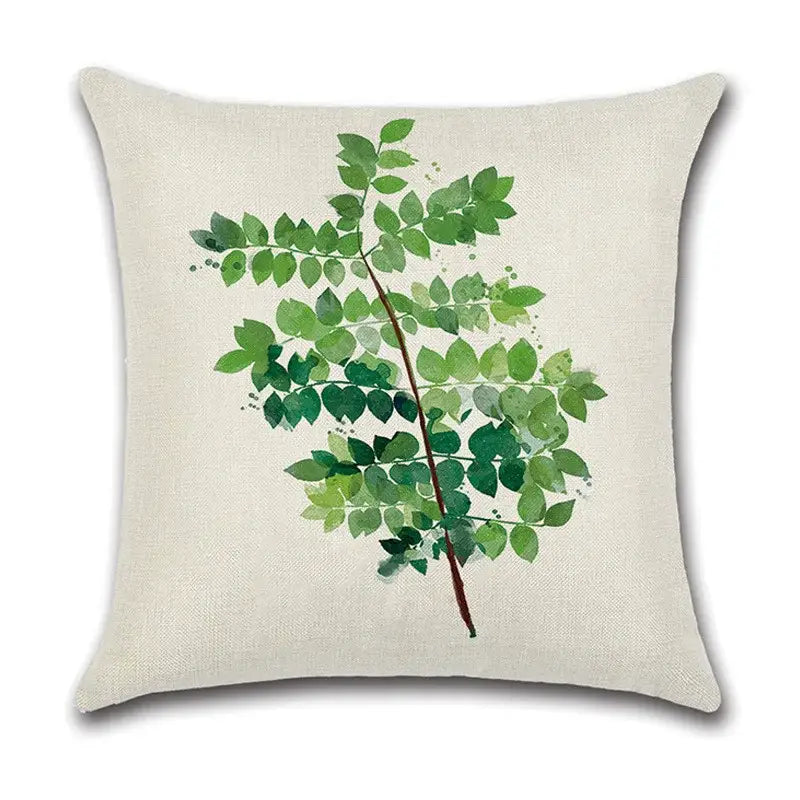 Beige linen pillow case with watercolor green leaves decorative design on cotton for living room use