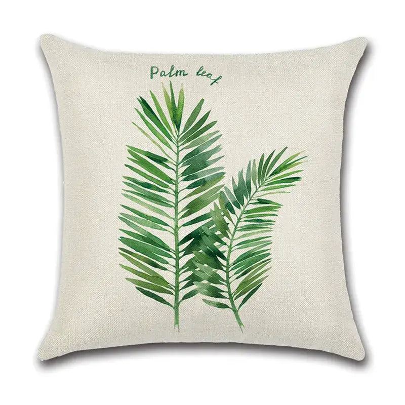 Beige linen pillow case with watercolor green leaves decorative palm leaf design for living room cotton set