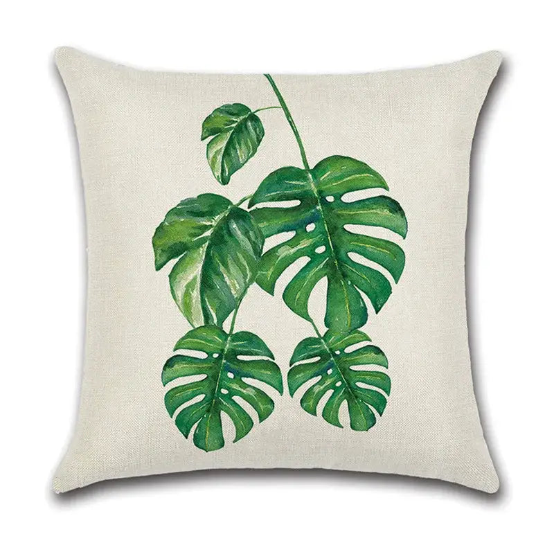 Beige linen pillow case with vibrant green leaves decorative monstera design for living room cotton use