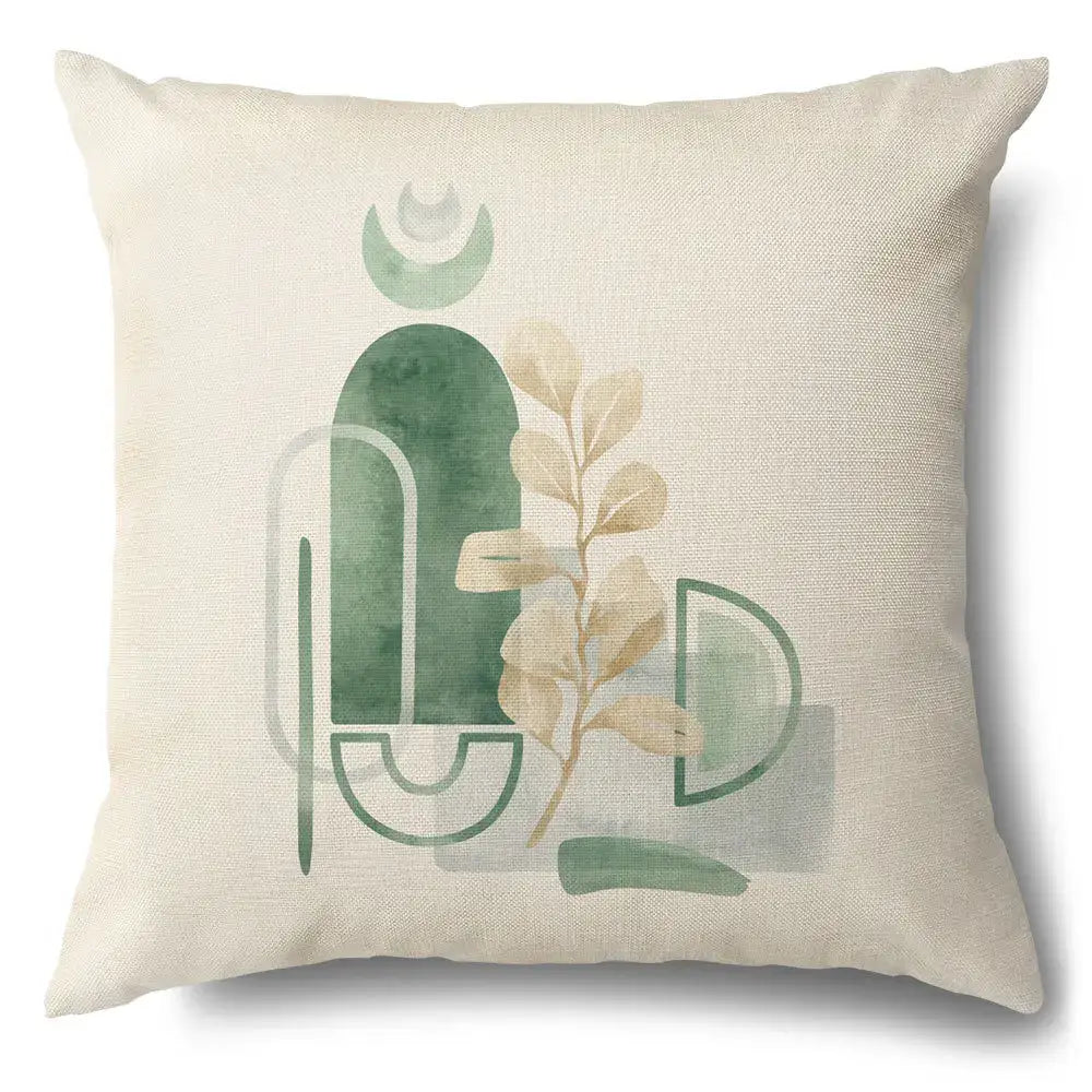 Beige linen pillow case with abstract green leaves decorative botanical design for living room cotton use