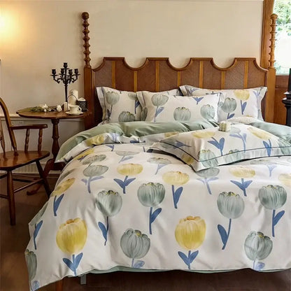 Watercolor yellow and green tulip cotton bedding set with muted yellow and gray duvet cover for bedroom decorbites cotton bedding