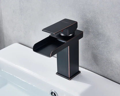 Black matte finished waterfall bathroom faucet single hole with sleek modern design and subtle copper accents