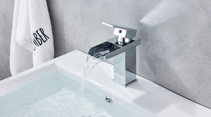 Modern chrome waterfall bathroom faucet single hole with sleek waterfall spout design for elegant water flow