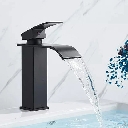 Black matte-finish waterfall bathroom faucet with sleek modern design for single hole installation