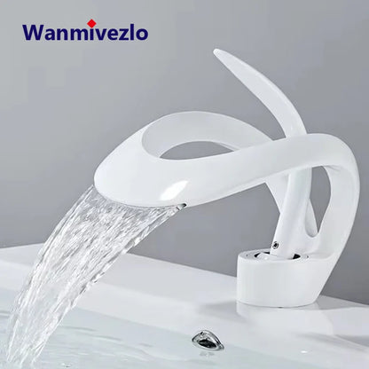 White ceramic waterfall single hole deck mounted bathroom basin faucet with cold water brass body and modern design