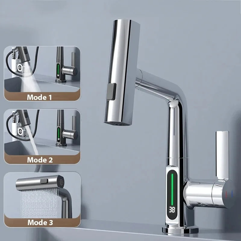 Modern chrome-finished single hole basin faucet with digital temperature display and cold water mixer for bathroom sink