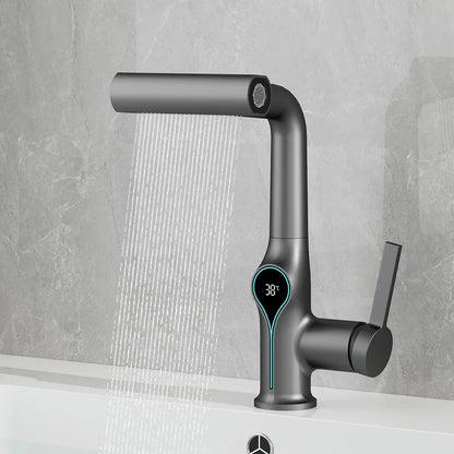 Modern matte black basin faucet with sleek curved spout and digital temperature display showing 38°c for bathroom use